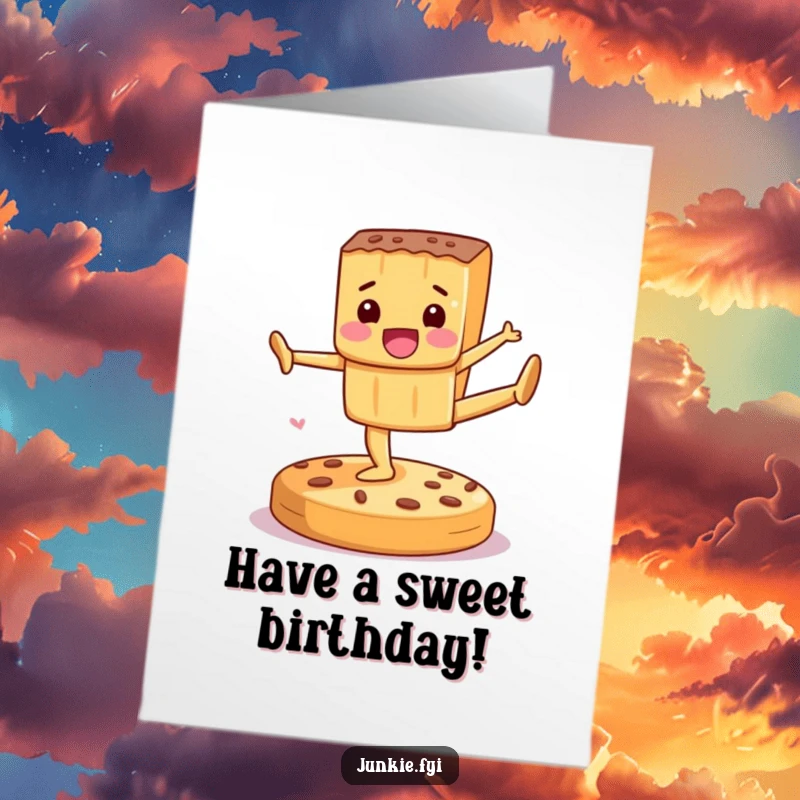Funny Free Printable Birthday Card: A delighted candy bar performs impressive gymnastics on a cookie, celebrating.
