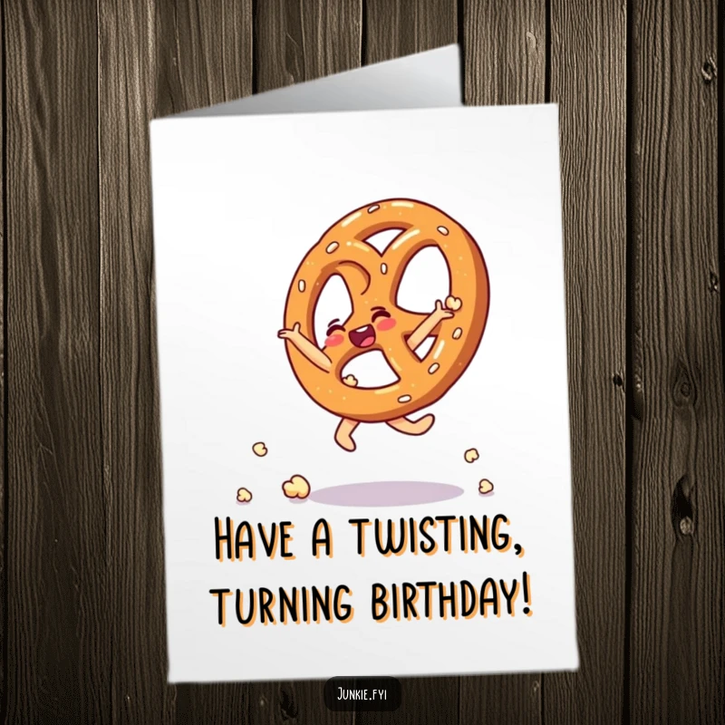 Funny Free Printable Birthday Card: A thrilled pretzel performs a cartwheel constructed entirely from loose popcorn kernels.