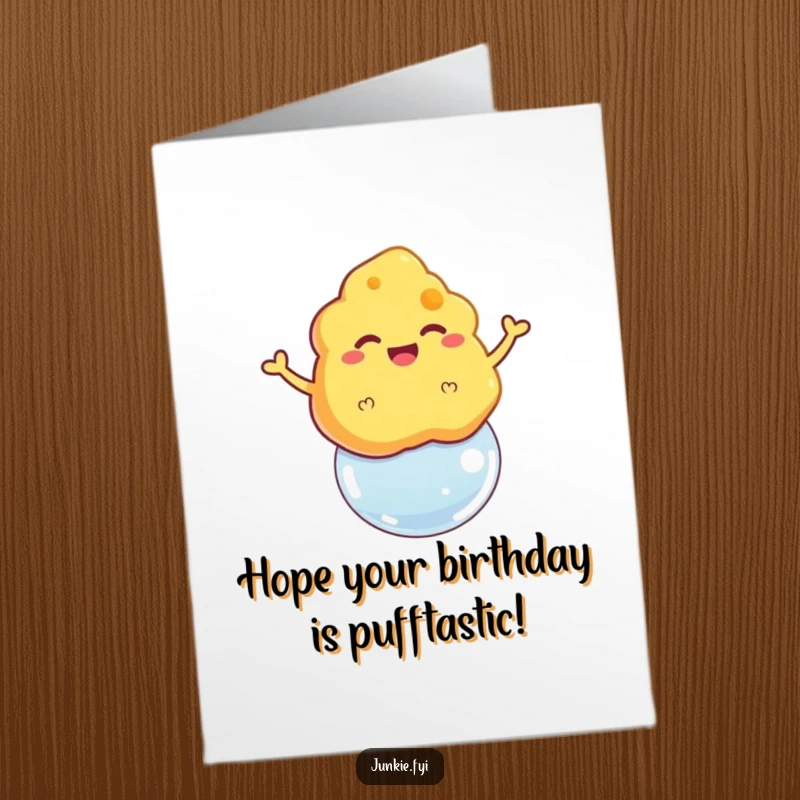 Funny Free Printable Birthday Card: A grinning cheese puff triumphantly floating on a soap bubble.