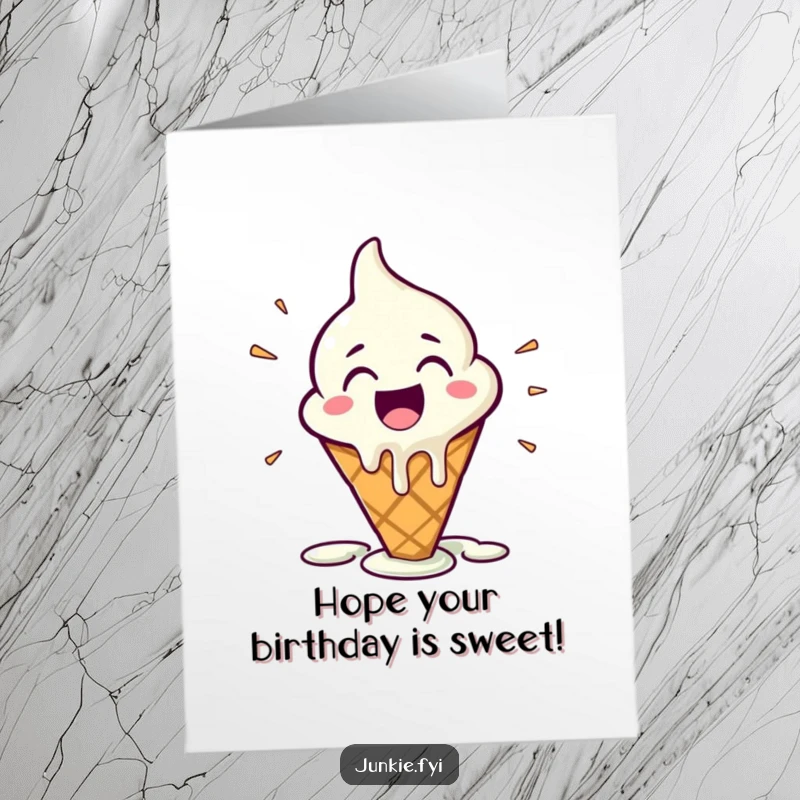Funny Free Printable Birthday Card featuring an excited ice cream cone character melting slightly with infectious glee and birthday wishes.