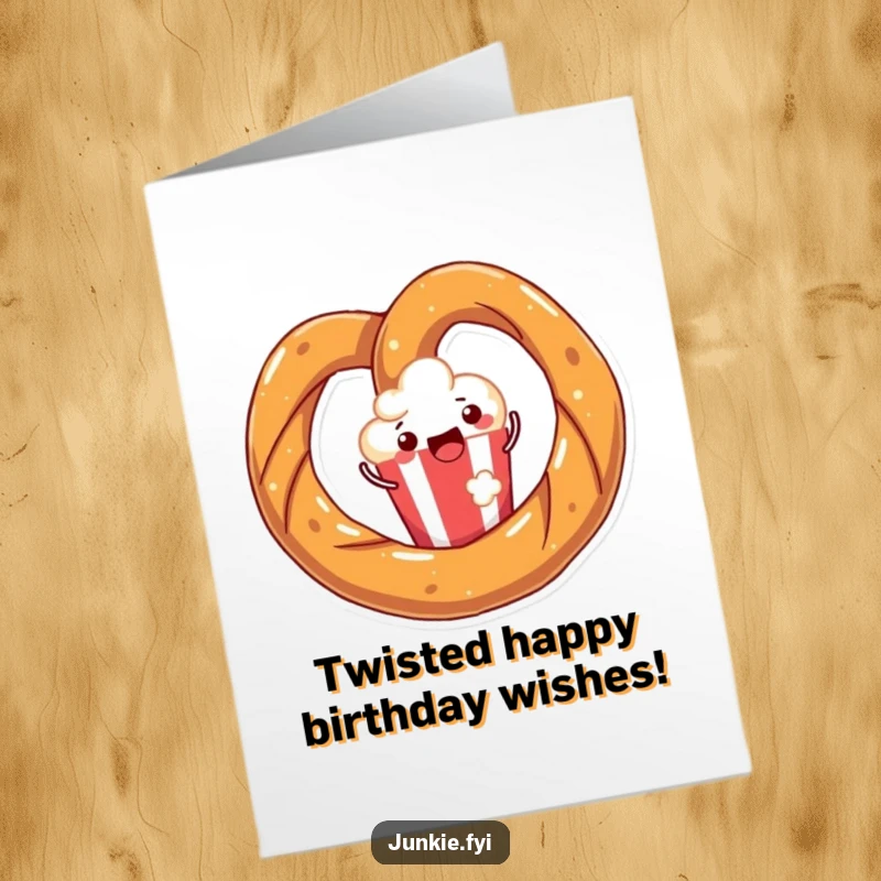 Funny Free Printable Birthday Card: A joyful pretzel happily twisting around a popcorn kernel, celebrating your birthday with delicious fun.