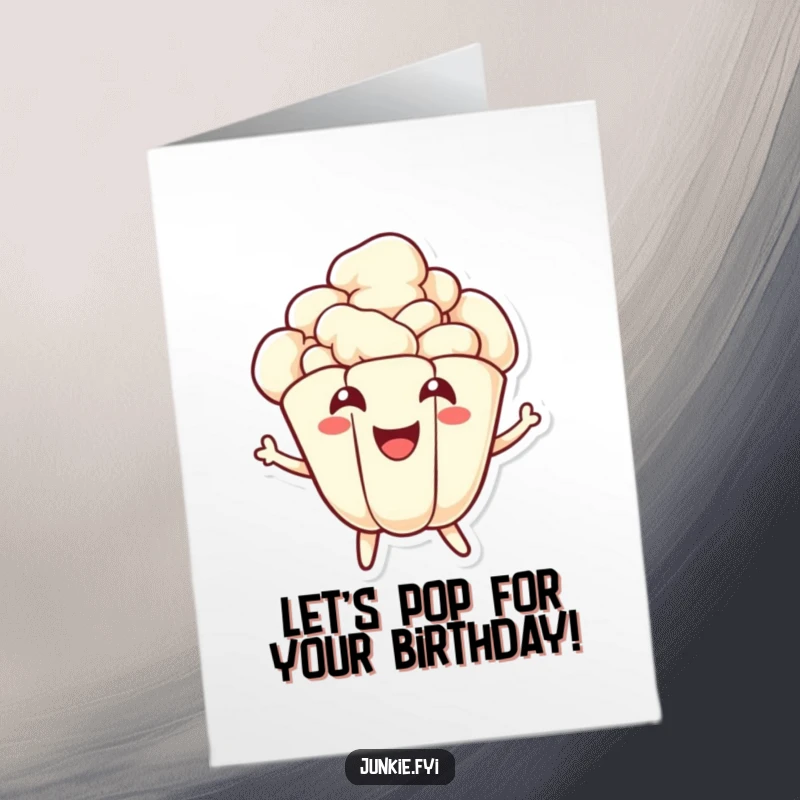 Funny Free Printable Birthday Card: An energetic popcorn kernel character popping with a wide smile, celebrating a birthday with zest.
