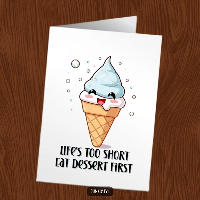 Funny free printable birthday card showing a ridiculously happy ice cream cone showering shimmering sugar crystals, ready to party.