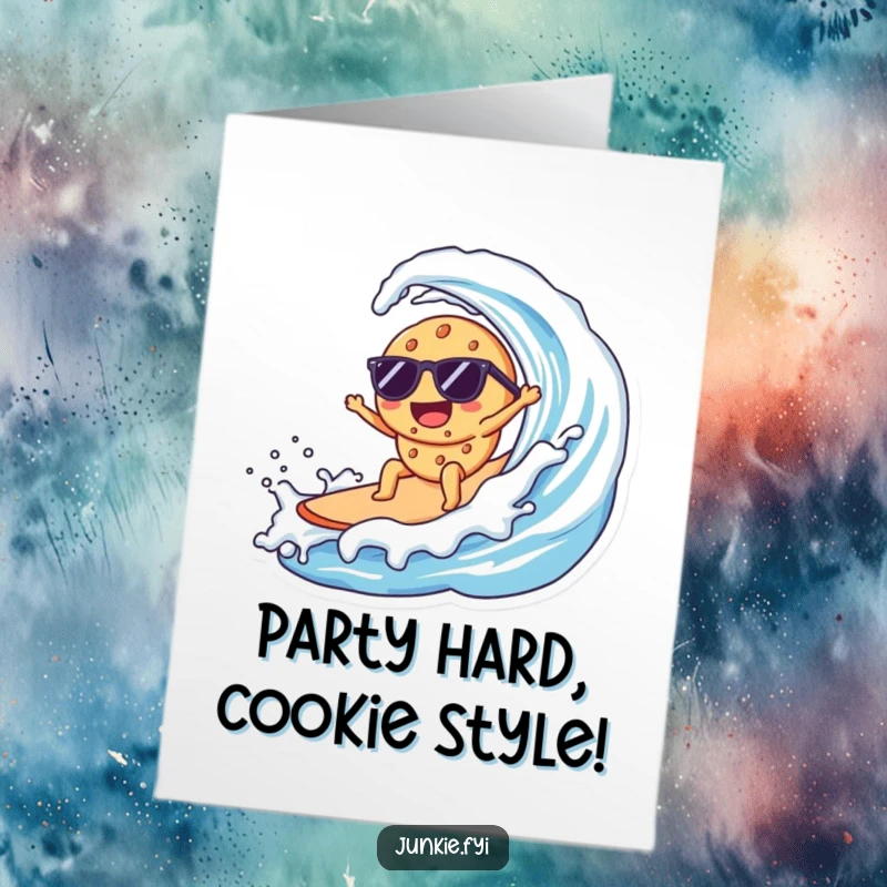 Funny Free Printable Birthday Card: A delighted Kawaii cookie in sunglasses surfs a massive milk wave with joy.