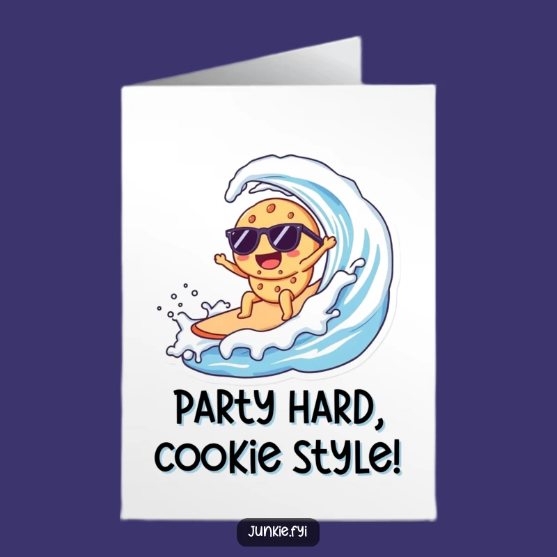 Free Printable Birthday Card: Surfing Kawaii Cookie Funny Downloadable Gift for a Sweet Celebration