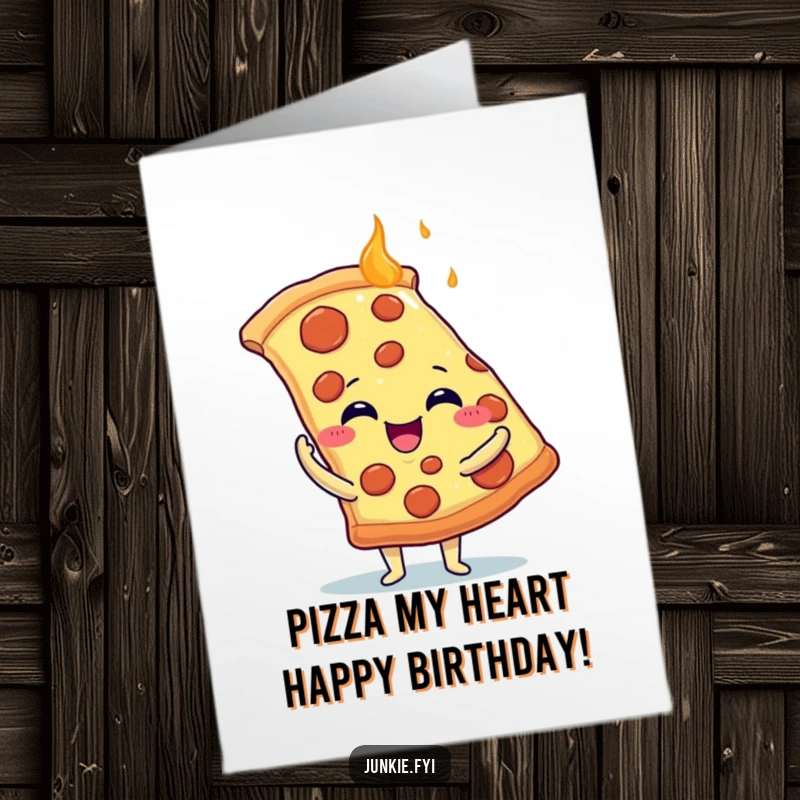 Funny Free Printable Birthday Card: A delighted food character hugging a huge slice of steaming pizza with tiny arms.