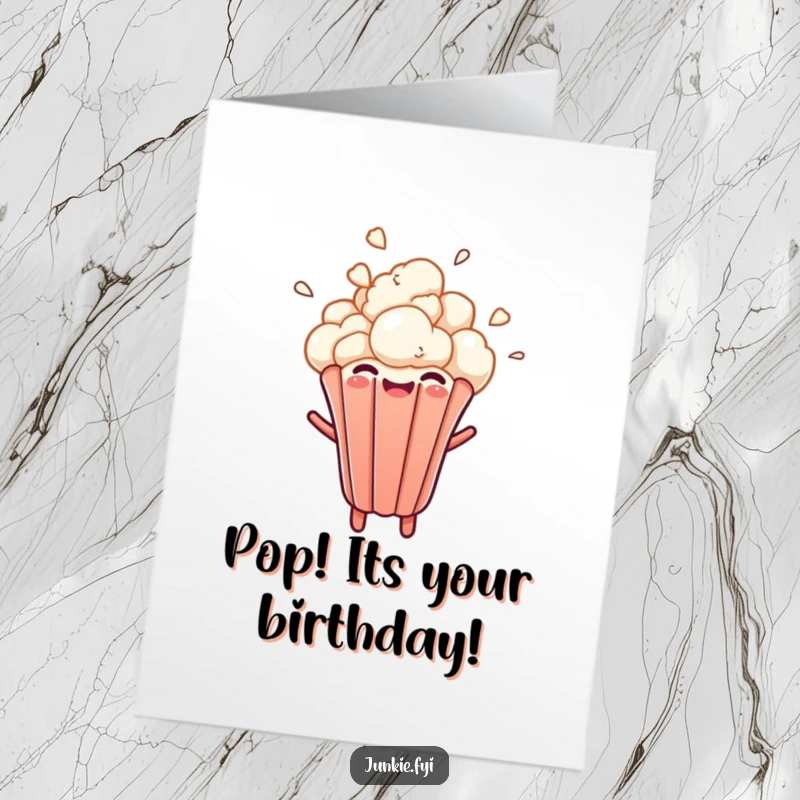 Funny Free Printable Birthday Card showing a cheerful popcorn kernel triumphantly bursting upwards with pure, unadulterated joy.