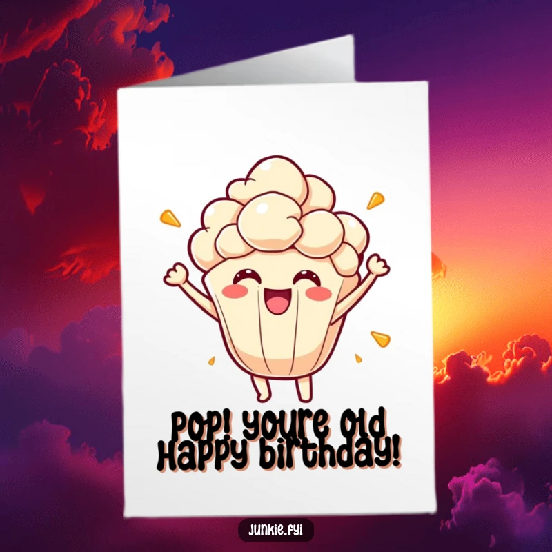 Funny Free Printable Birthday Card featuring a joyous popcorn kernel character exploding with energetic and infectious glee, ready to celebrate.
