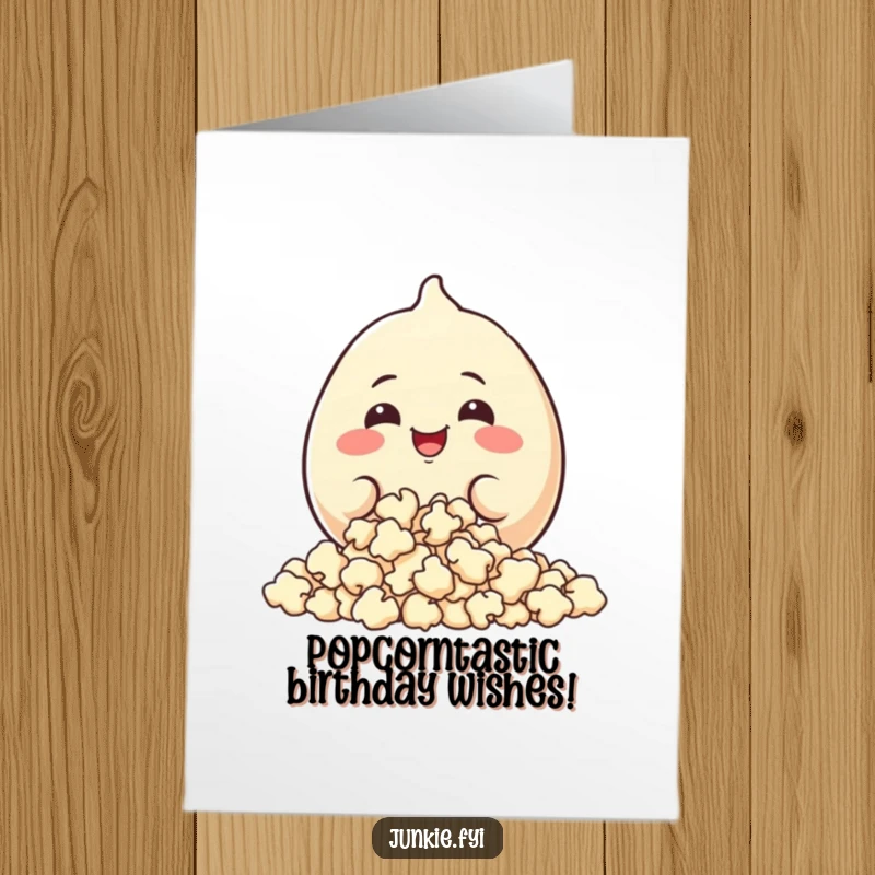 Funny Free Printable Birthday Card: A plump food character with a huge grin happily munching on a mountain of popcorn.