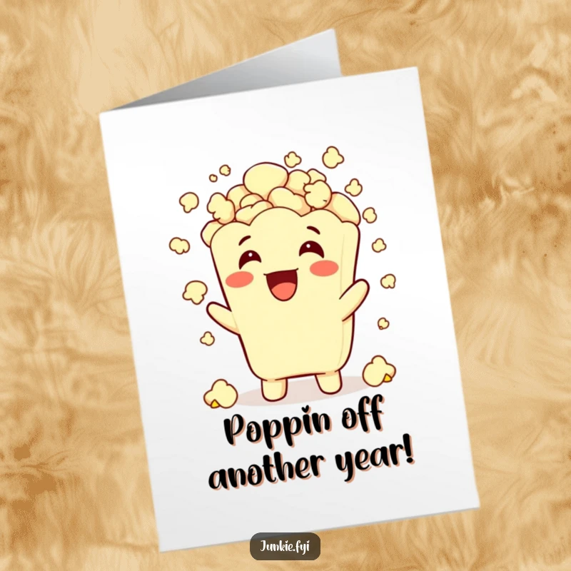 Funny Free Printable Birthday Card: Grinning Popcorn Character Excitedly Showering Itself with More Popcorn.
