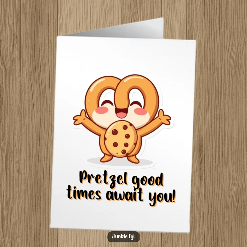 Funny Free Printable Birthday Card: Glee Pretzel Meticulously Devouring a Cookie with Utter Joy.