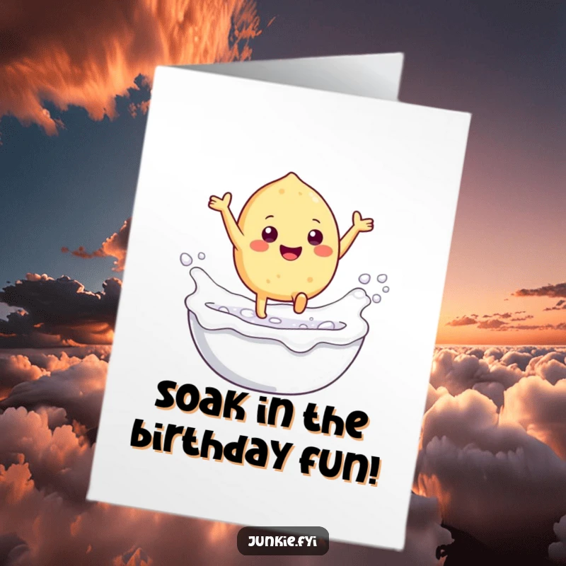 Funny Free Printable Birthday Card: Gleeful food character with tiny legs leaping into a bubbly milk bath, celebrating joyfully.