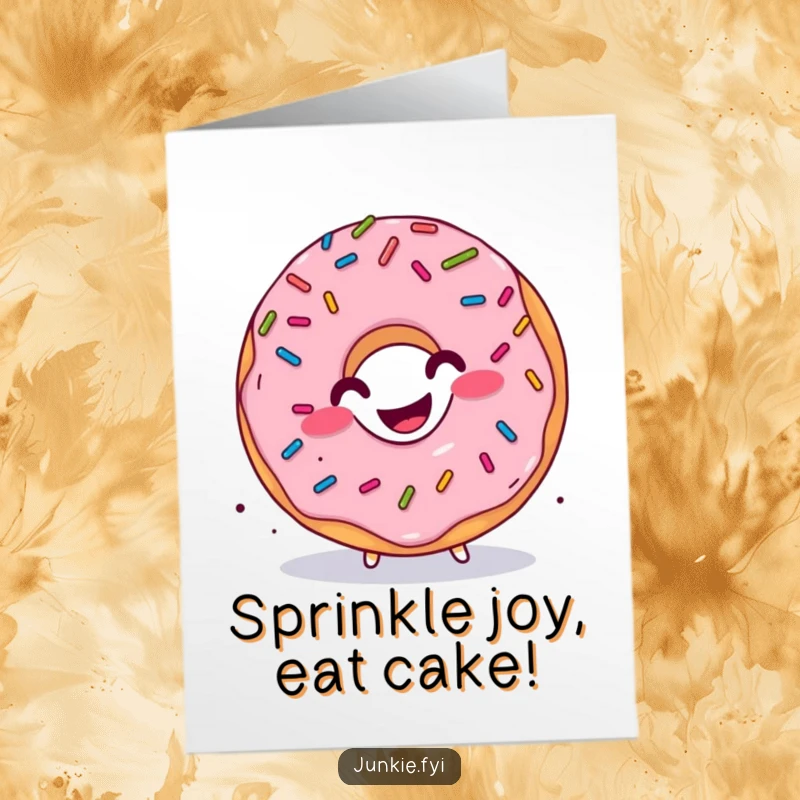 Funny free printable birthday card featuring a grinning donut character with sprinkles raining down, doing a happy wiggle dance.