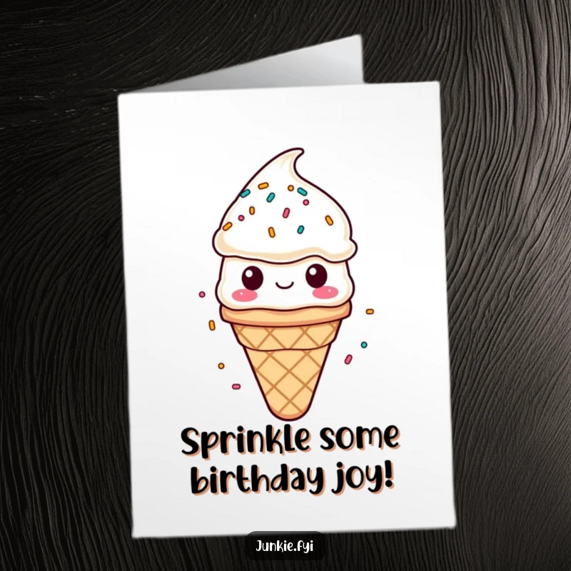 Funny Free Printable Birthday Card: A happy ice cream cone character enjoying a delightful downpour of colorful sprinkles.