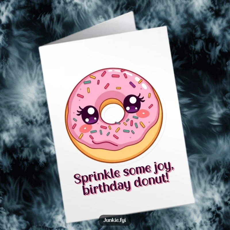 Funny Free Printable Birthday Card: A delighted donut with wide eyes joyfully devours a mountain of colorful sprinkles.