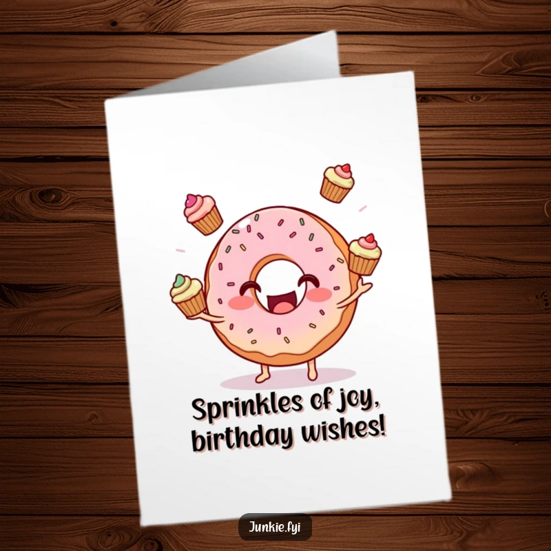 Funny free printable birthday card featuring a smiling donut character excitedly juggling mini cupcakes with sprinkles.