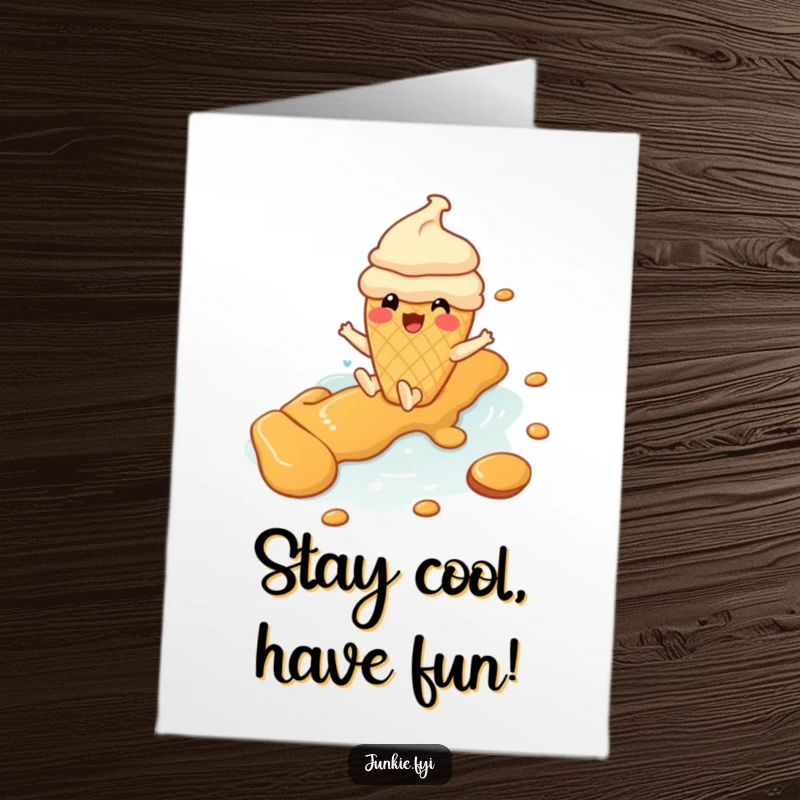 Funny Free Printable Birthday Card: Cheerful Ice Cream Cone Character Gleefully Sliding Down a Caramel River.