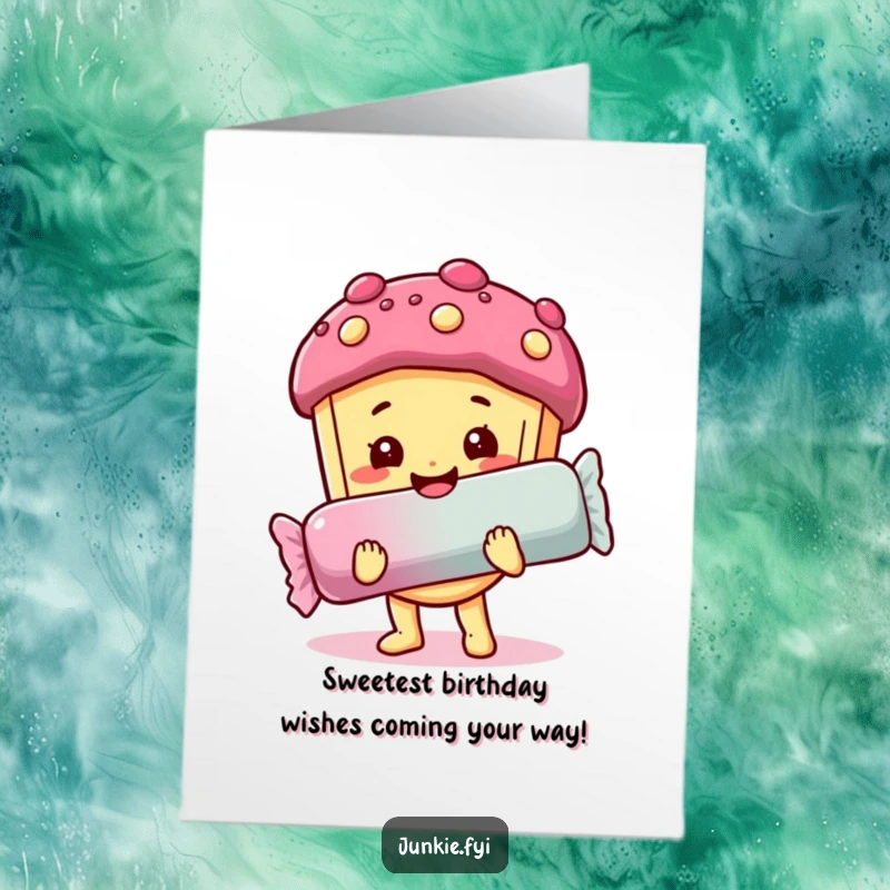 Funny Free Printable Birthday Card: A happy, sweet-faced food character joyfully holding a huge candy bar, celebrating a birthday.
