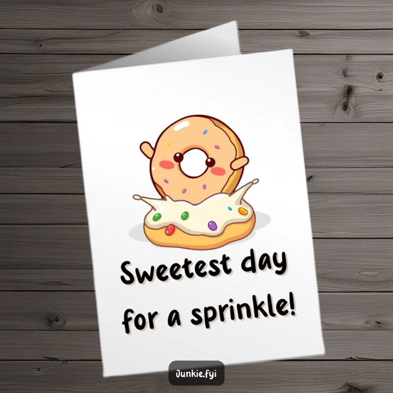 Funny Free Printable Birthday Card: A cheerful donut joyfully flipping into a luscious pool of frosting.