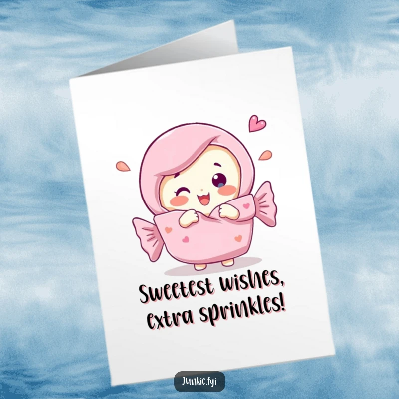 Funny free printable birthday card showing a candy bar character joyfully unwrapping itself with a big smile.