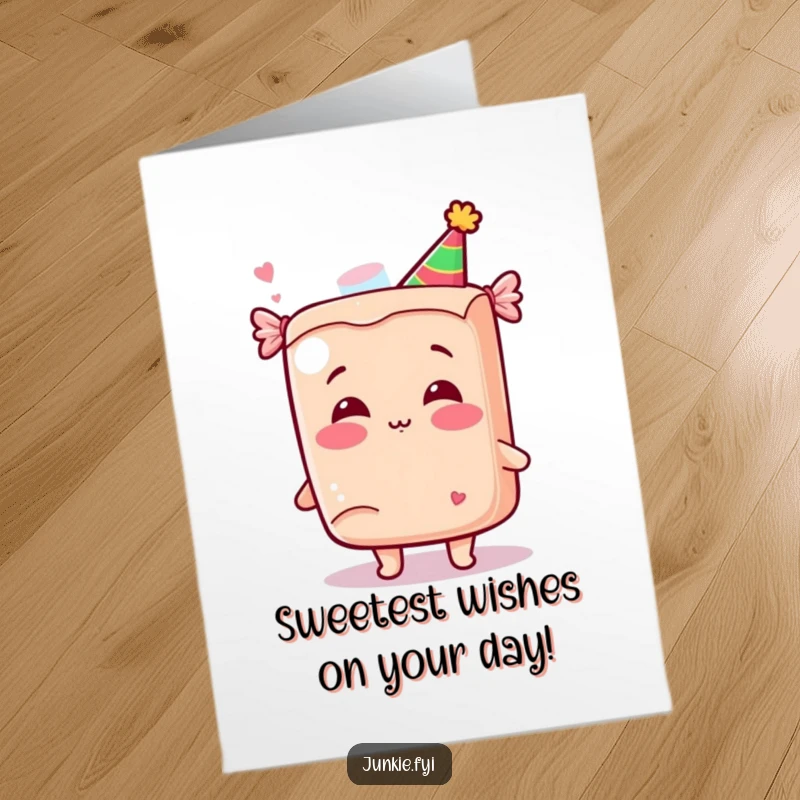 Funny Free Printable Birthday Card: A kawaii candy bar in a party hat giggling and blowing a kiss.