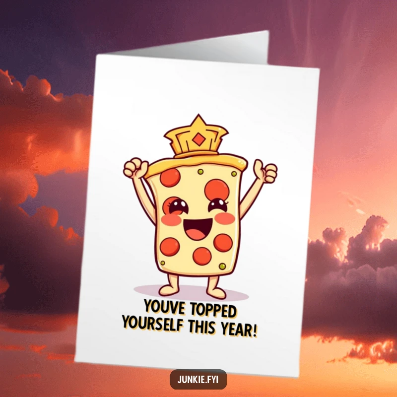 Funny free printable birthday card featuring a pizza slice character triumphantly raising a pepperoni like a trophy.