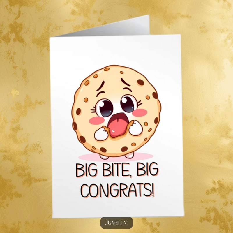 Funny Free Printable Congratulations Card: An excited food character happily bites into a giant cookie, celebrating their success.