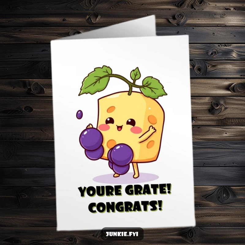 Funny Free Printable Congrats Card featuring a spunky Kawaii cheese celebrating, a humorous downloadable greeting.