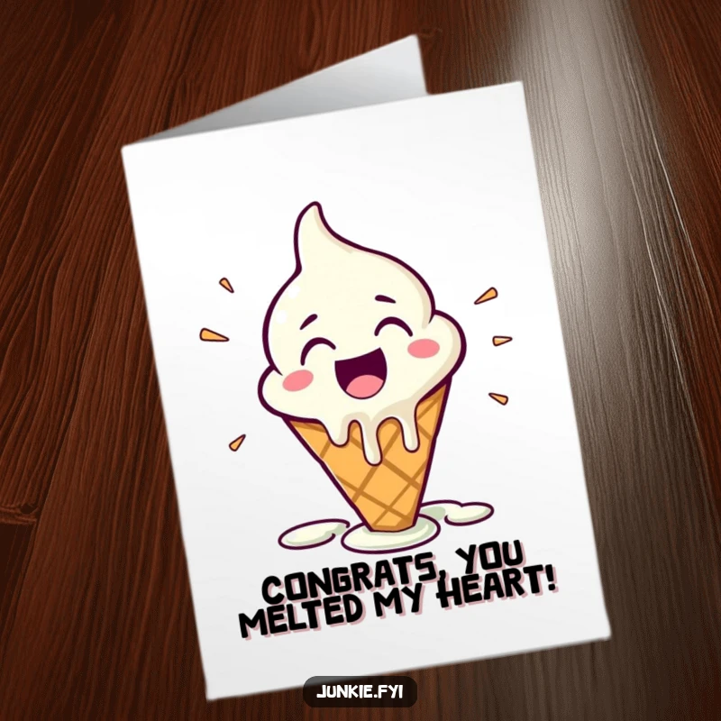 Funny Free Printable Congratulations Card of a happy ice cream cone character, melting with pure glee to celebrate success.