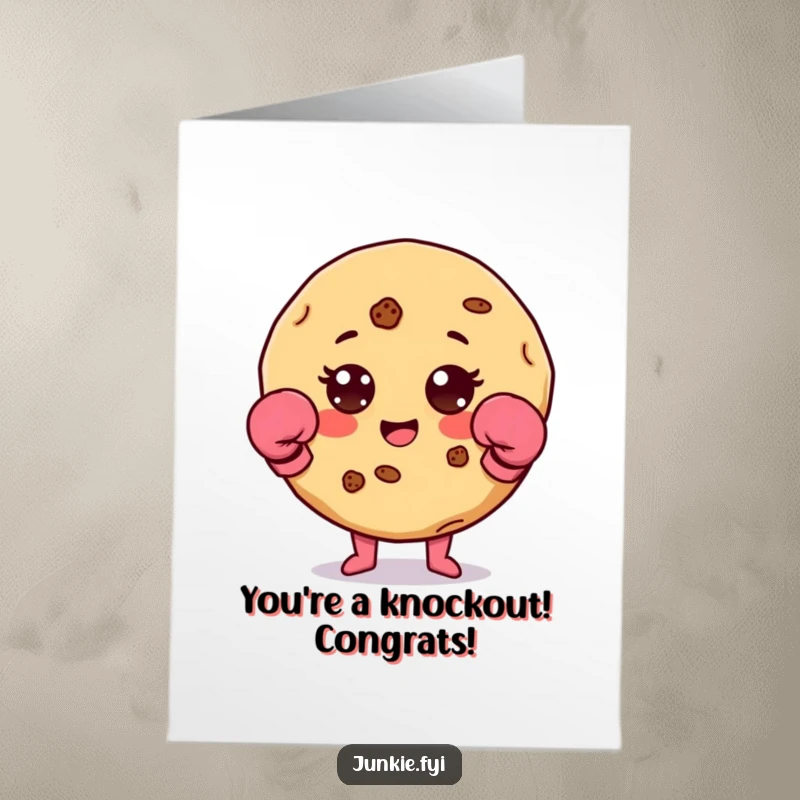 Funny free printable congratulations card featuring a cookie character in boxing gloves.