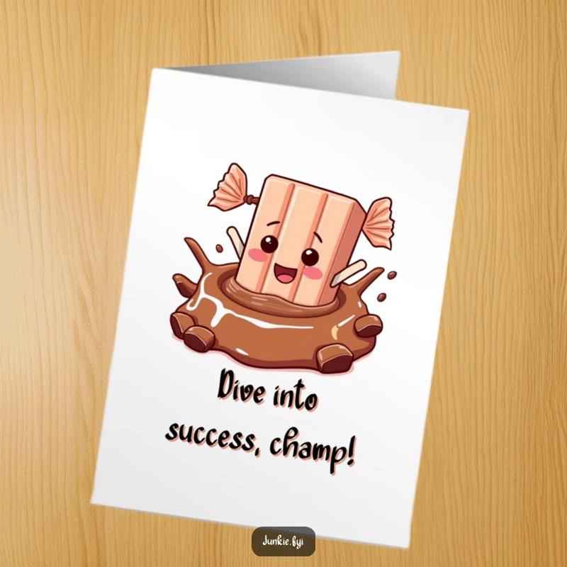 Funny Free Printable Congratulations Card showing a giddy candy bar making a splash as it dives into a rich chocolate pool.