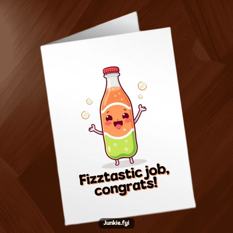 Funny Free Printable Congrats Card: A happy Kawaii soda bottle is caught mid-dance with bubbles joyfully bursting out.