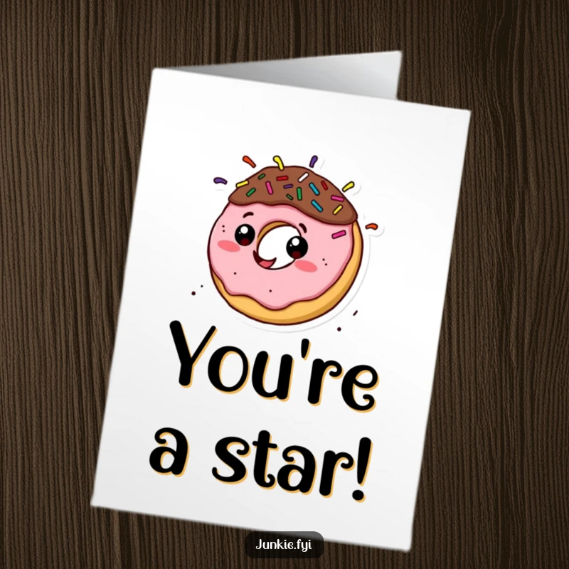 Funny Free Printable Congratulations Card: Happy donut character with sprinkles spinning wildly, celebrating success with glee.