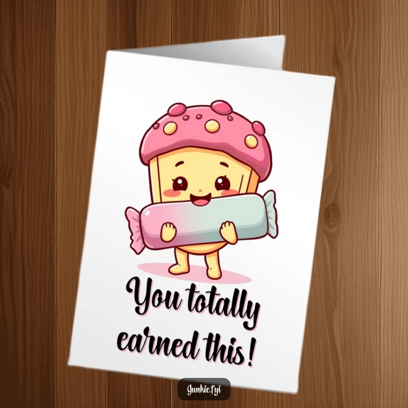 Funny Free Printable Congratulations Card: Happy food character with a sweet smile holds a giant candy bar, celebrating a sweet achievement.