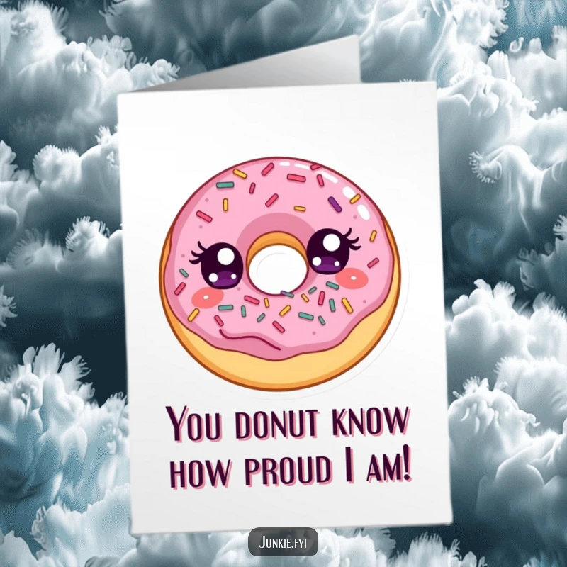Funny Free Printable Congratulations Card: A delighted donut with huge eyes gobbles up a pile of sweet sprinkles.