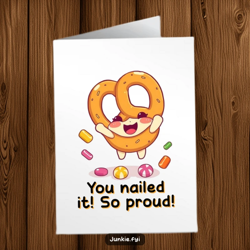 Funny Free Printable Congratulations Card: Smiling pretzel character happily catching colorful candy, perfect for celebrating achievements.