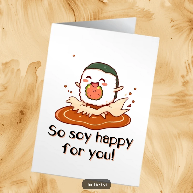 Funny Free Printable Congrats Card: Giggling sushi roll character surfs a soy sauce wave, celebrating milestones with delight.