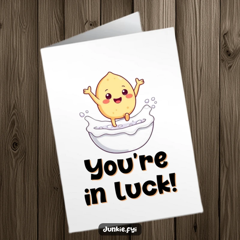 Funny Free Printable Congrats Card: Gleeful food character with tiny legs leaping into a bubbly milk bath, celebrating achievement.