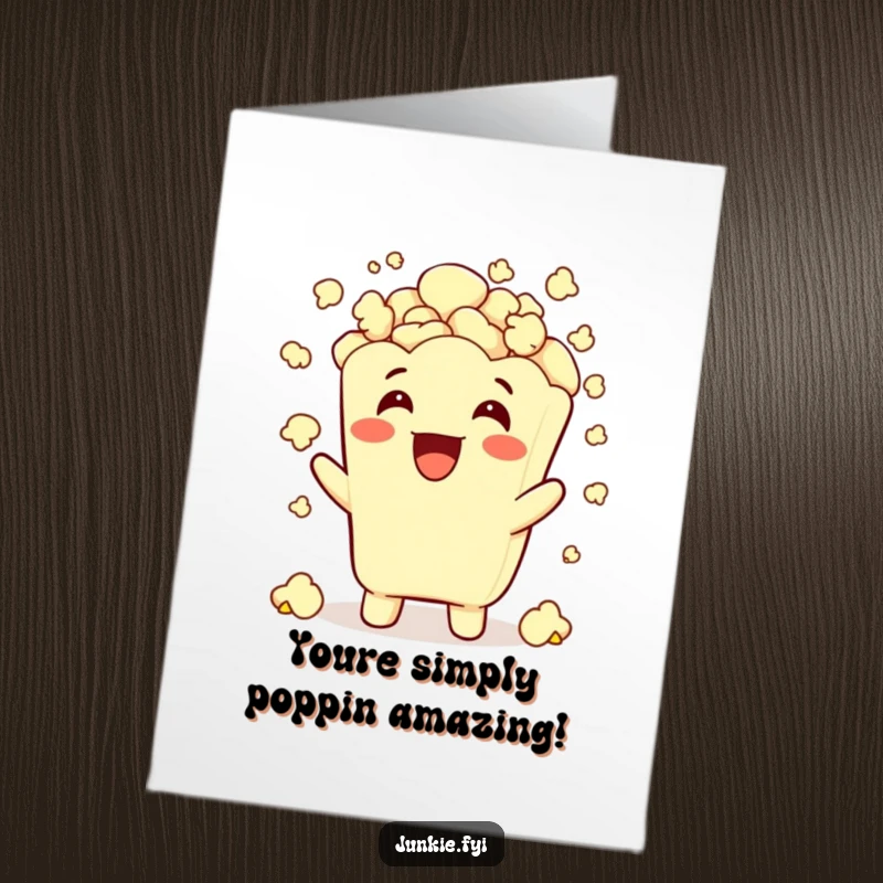 Funny Free Printable Congratulations Card: Grinning Popcorn Character Excitedly Showering Itself with a Cascade of Popcorn.
