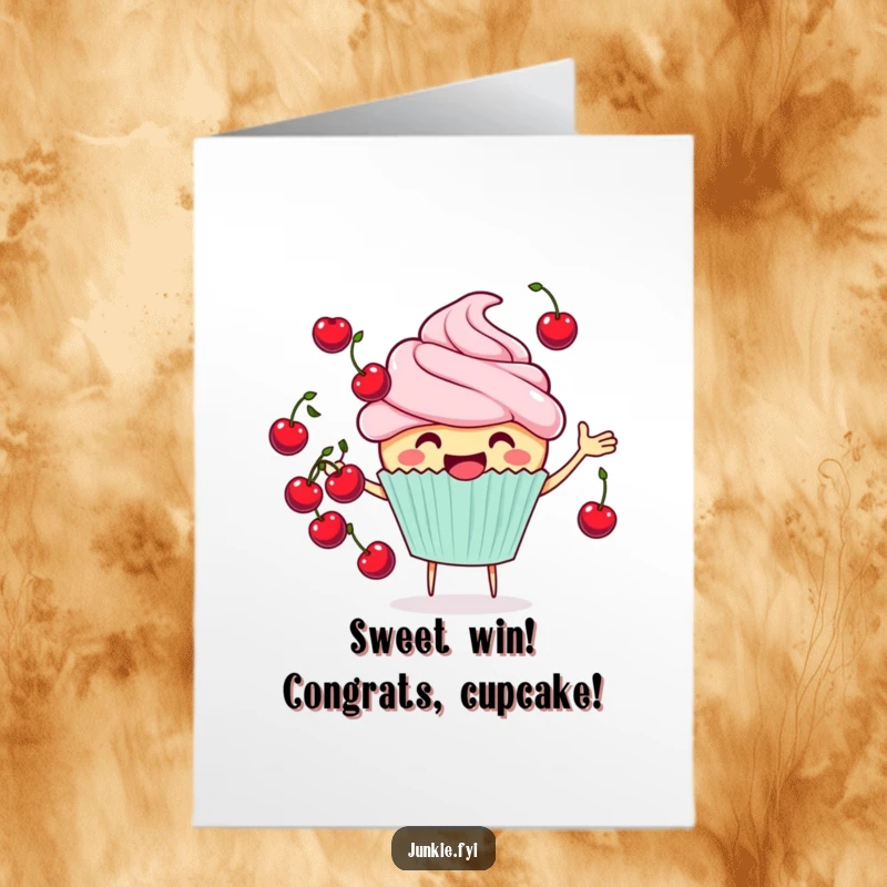 Funny Free Printable Congratulations Card featuring a happy cupcake character skillfully juggling tiny cherries, symbolizing sweet success and celebration.