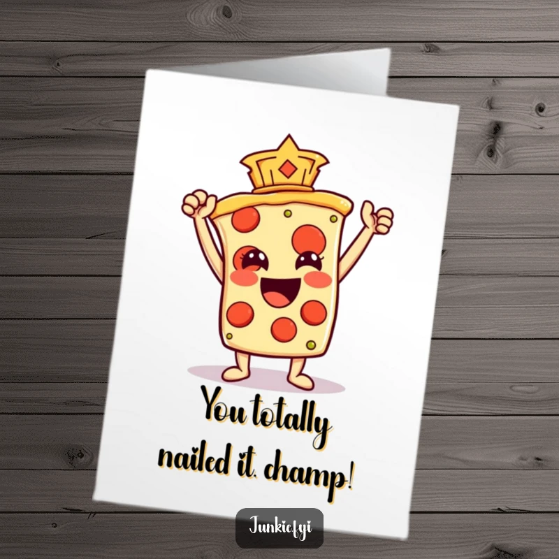 Funny free printable congratulations card showing a pizza slice character holding a pepperoni aloft like a victorious trophy.