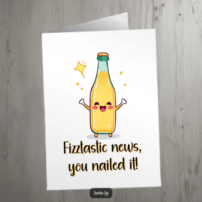 Funny Free Printable Congratulations Card: Happy soda bottle fizzes energetically in a joyous celebration.