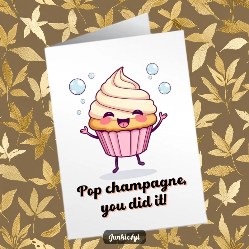 Funny Free Printable Congratulations Card: Spunky cupcake with legs cheerfully blows a cascade of bubbles.