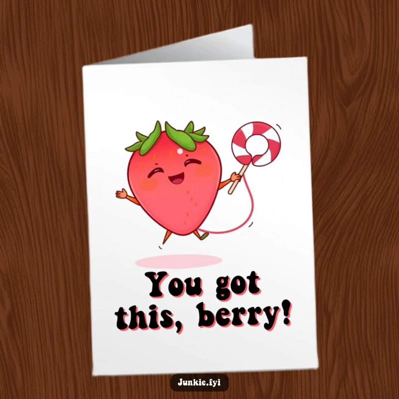 Funny Free Printable Congrats Card: A giggling strawberry jumps rope with a licorice string in celebration.