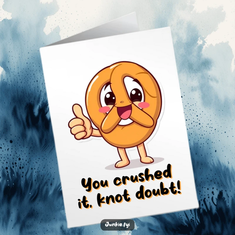 Funny Free Printable Congratulations Card of a happy pretzel character enthusiastically giving a prominent thumbs up.