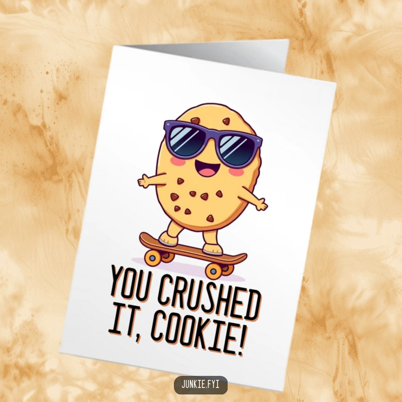 Funny Free Printable Congratulations Card: A kawaii cookie character with sunglasses on a skateboard, celebrating your awesome achievement.