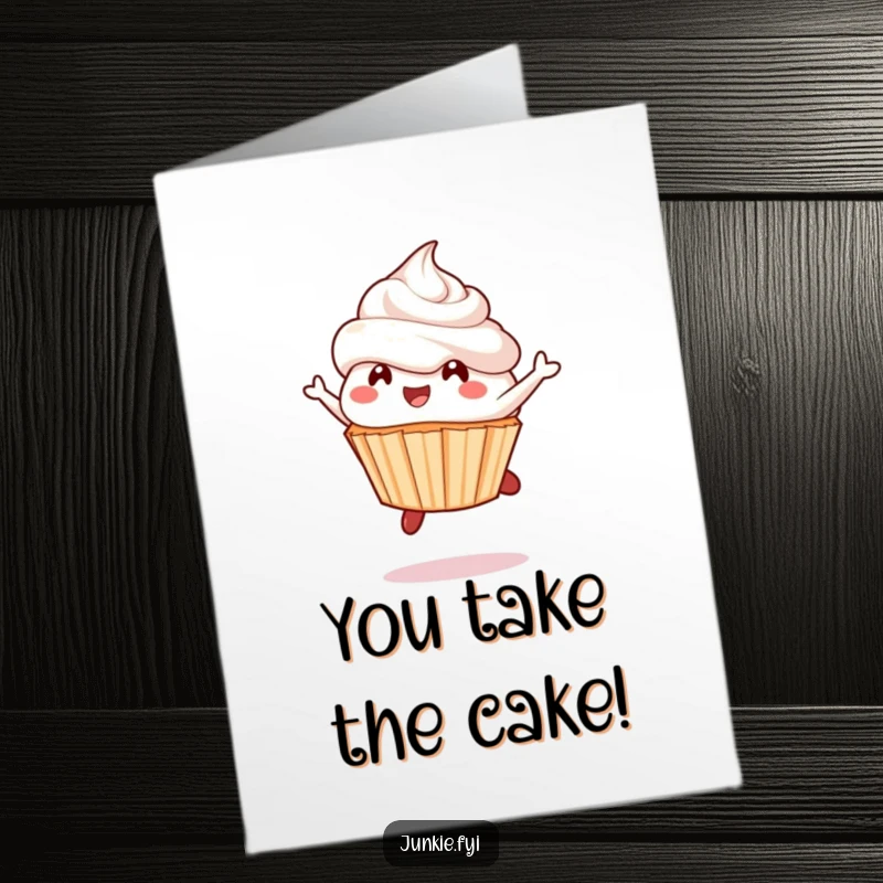 Free Printable Congratulations Card: A happy cupcake character leaping with frosting flying, celebrating a win, great for DIY.