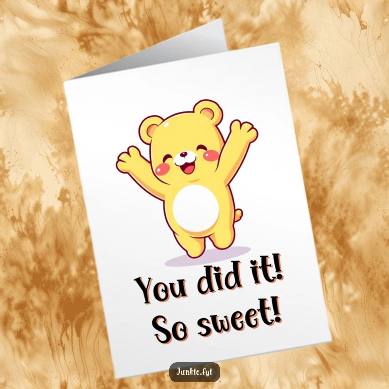 Free Printable Congratulations Card: A delighted gummy bear mid-cartwheel, celebrating success with pure joy, great for DIY.