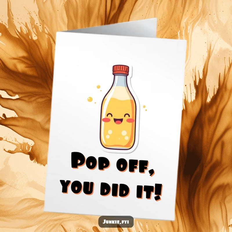 Funny Free Printable Soda Bottle Congratulations Card, character fizzing with excitement, perfect for celebrating big wins, downloadable art.