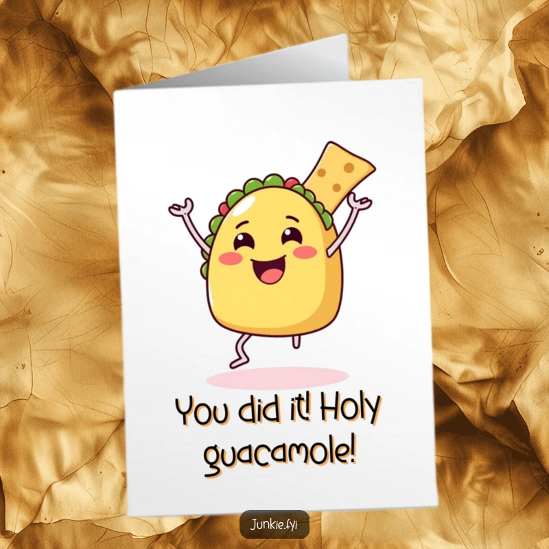 Funny Free Printable Congratulations Card: A taco with legs performs an ecstatic dance with a chip, celebrating success!